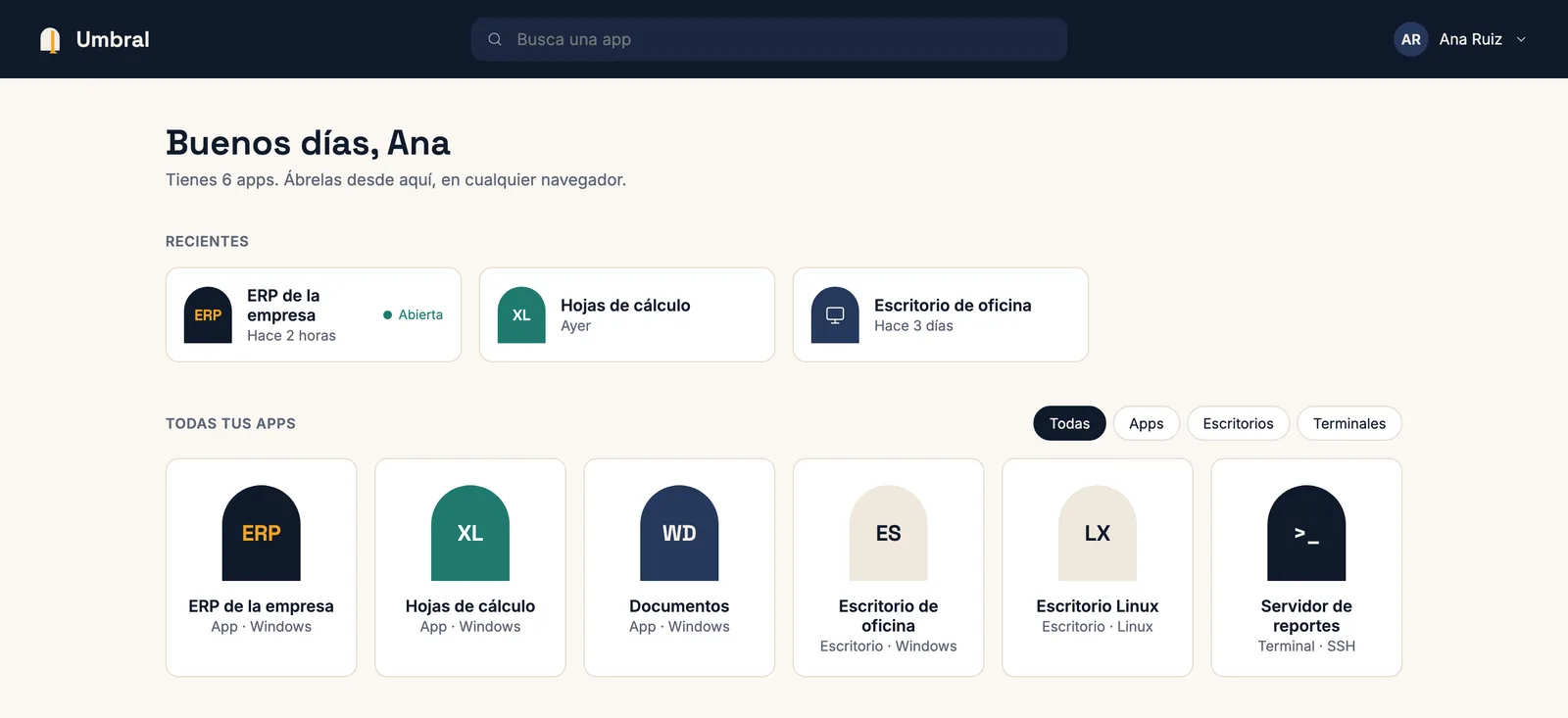 Lanzador de Umbral con las apps de la persona: ERP, hojas de cálculo, escritorios y una terminal