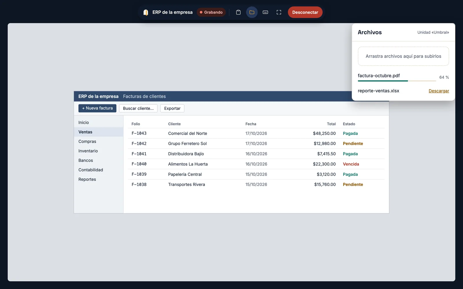 Sesión de una app de Windows en Umbral con la barra flotante y el panel para subir y descargar archivos
